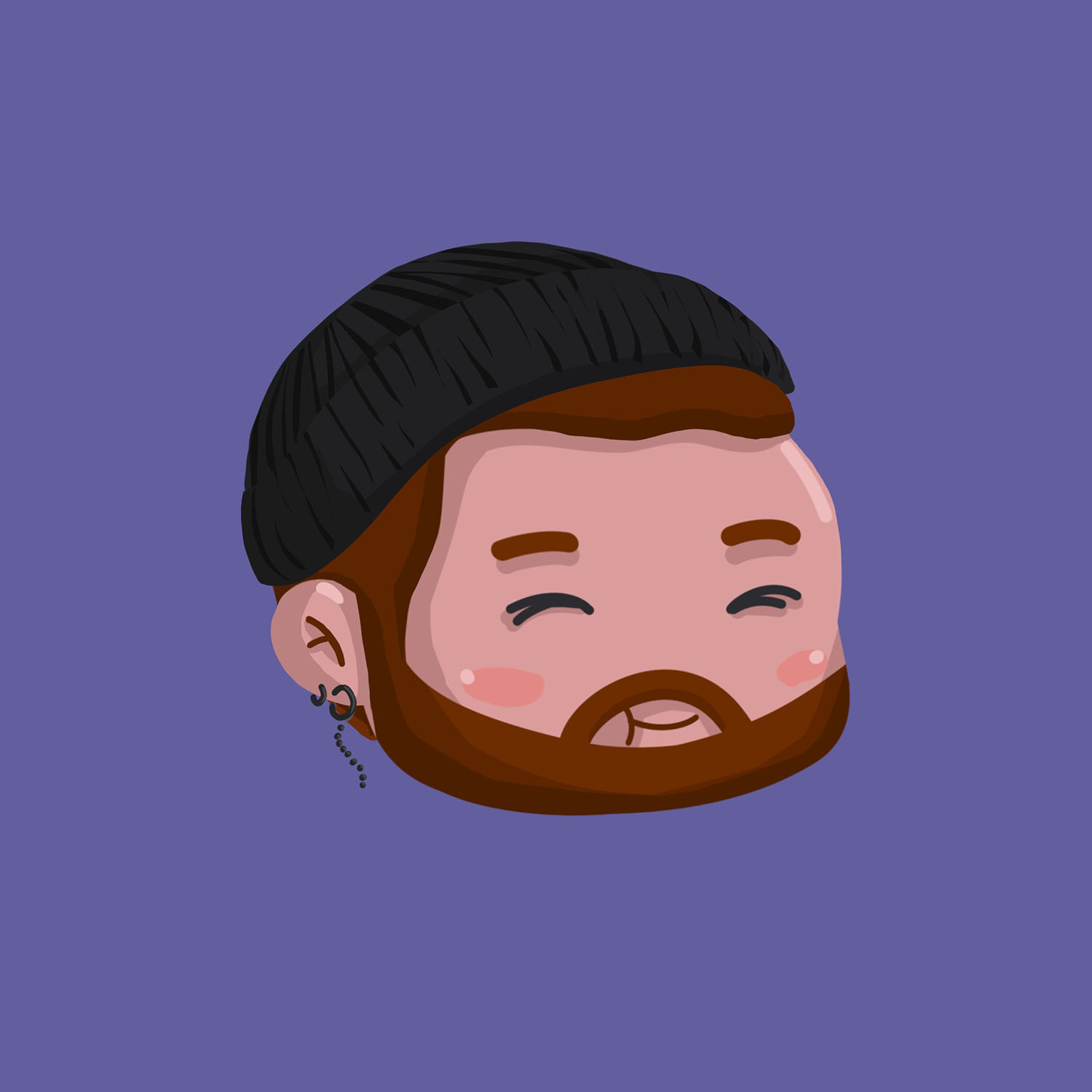 Stylised Illustration of Kaj Alexander smiling with closed eyes rosy cheaks, short hair a beard wearing a black beanie and a dangling earring in front of a purple singl colour background.