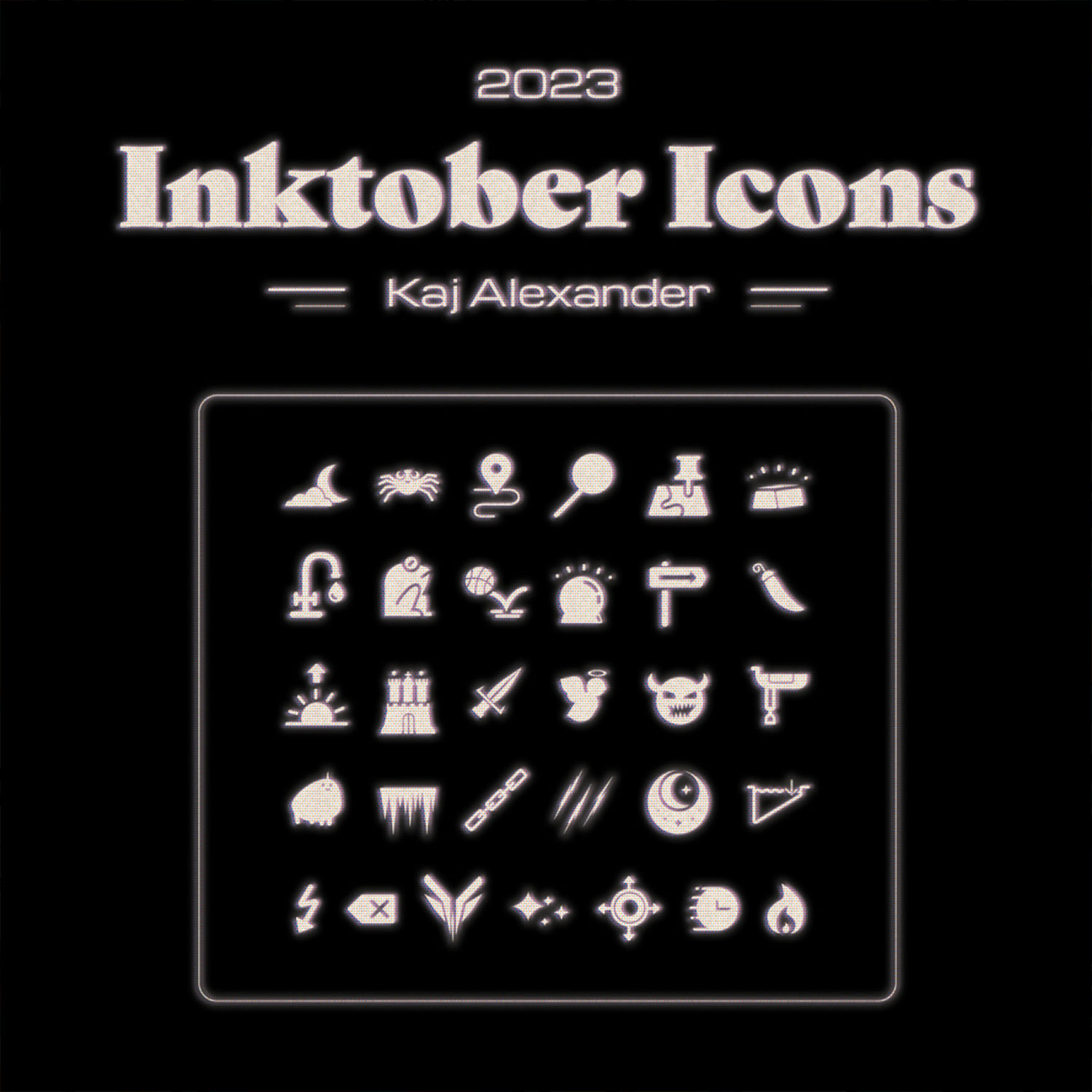 Header reads 2023 Inktober Icons Kaj Alexander with 31 varying icons underneath