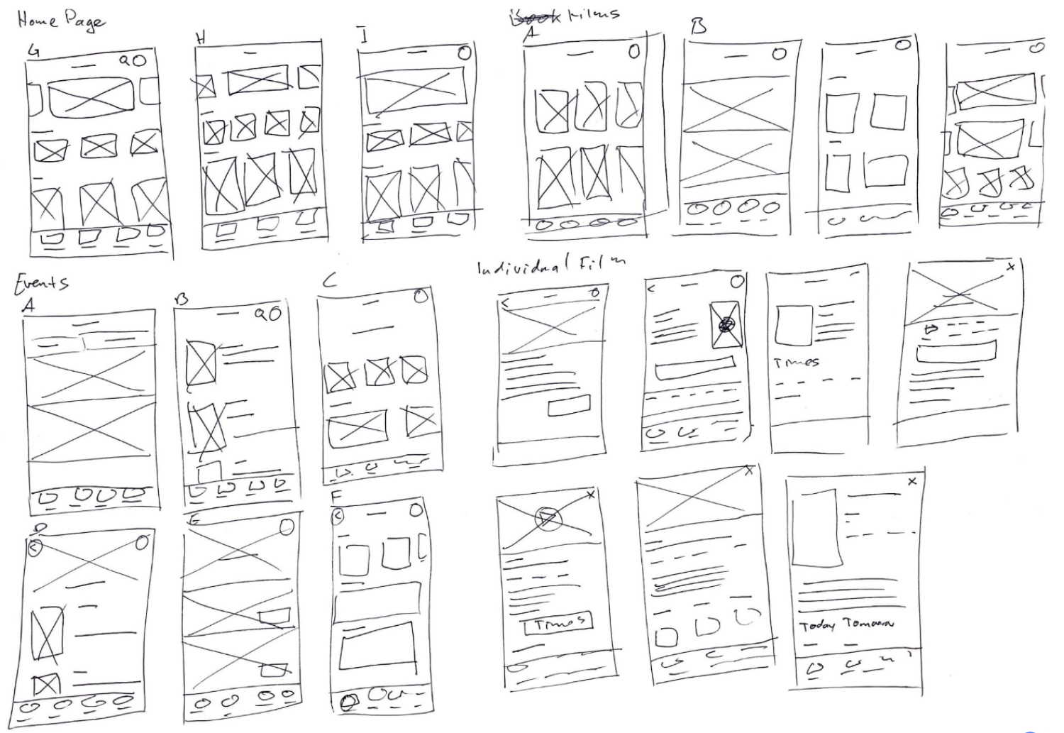 Paper wireframe of the ticketing app